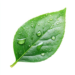 Green leaf with water droplets on white background