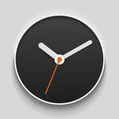 Creative black clock in realistic flat style, with arrow. Simple watch on white background. Time icon. Vector design element for you business project