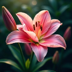 Fototapeta premium A vibrant pink lily blooming gracefully in a lush green setting.