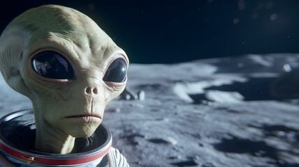 Alien Astronaut on a Cratered Extraterrestrial Lunar Landscape