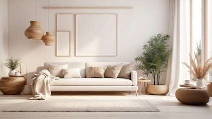 Cozy living room with a wooden bench covered in a fur throw