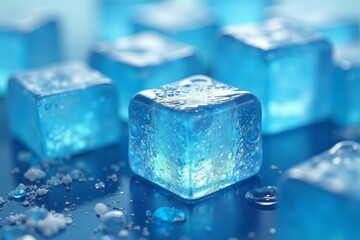Close-up of smooth blue ice cubes with intricate textures, frozen, cold, cooling