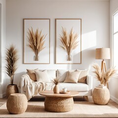 Cozy Bohemian Living Room Interior with Pampas Grass Decor