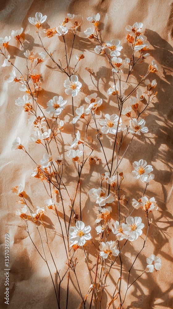 Poster softly illuminated by natural light, slender stems adorned with delicate white flowers and hints of 