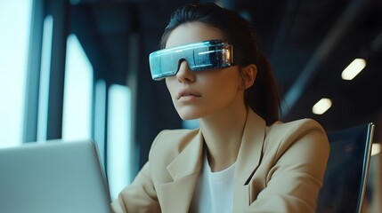a woman working with a laptop while wearing virtual reality glasses. A futuristic setting shows the technology and modern work environment