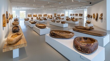 Fototapeta premium Contemporary Wood Sculpture Exhibition in a Bright Gallery