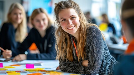 Fototapeta premium Happy young woman collaborating at brainstorming session in modern office
