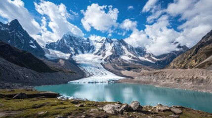 Obraz premium Glacial lake nestled amidst towering snow-capped mountains under a vibrant blue sky with fluffy clouds.