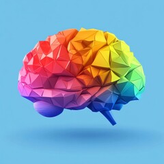 Abstract low poly rainbow brain model on a light blue background. The brain is rendered in a vibrant spectrum of colors, with a detailed polygonal structure. The image is clean and modern.