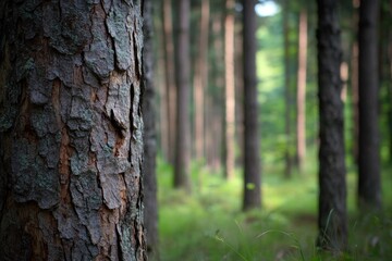 Close-up pine tree trunk in forest, blurred background
