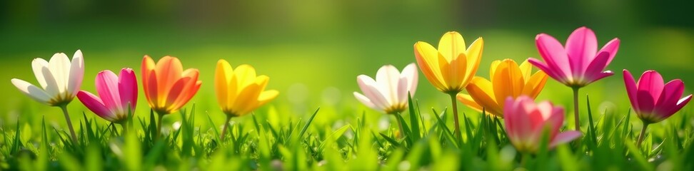 Fototapeta premium Close-up of vibrant spring flowers in full bloom on lush green grass, colorful, blooming