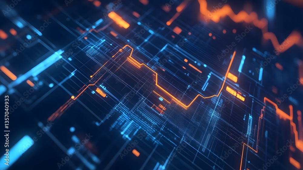 Poster an abstract representation of interconnected digital pathways with vibrant orange and blue lights. h