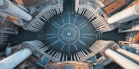 Fototapeta premium Aerial view of an ornate dome with columns, showcasing architectural details and urban landscape