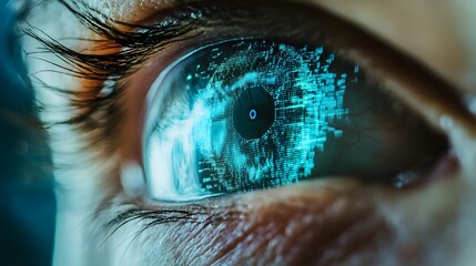 Close-up view of a cybernetic eye with digital overlay, concept of technology