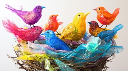 Colorful plastic birds nesting indoor decor artistic display bright environment close-up view creative concept