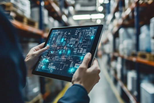 Person holding a tablet displaying technical drawings in a warehouse environment for inventory control