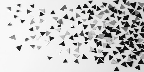 Abstract arrangement of black and silver triangular shapes scattered on a white background