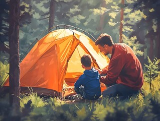 42. A father and son camping in the woods, setting up a tent