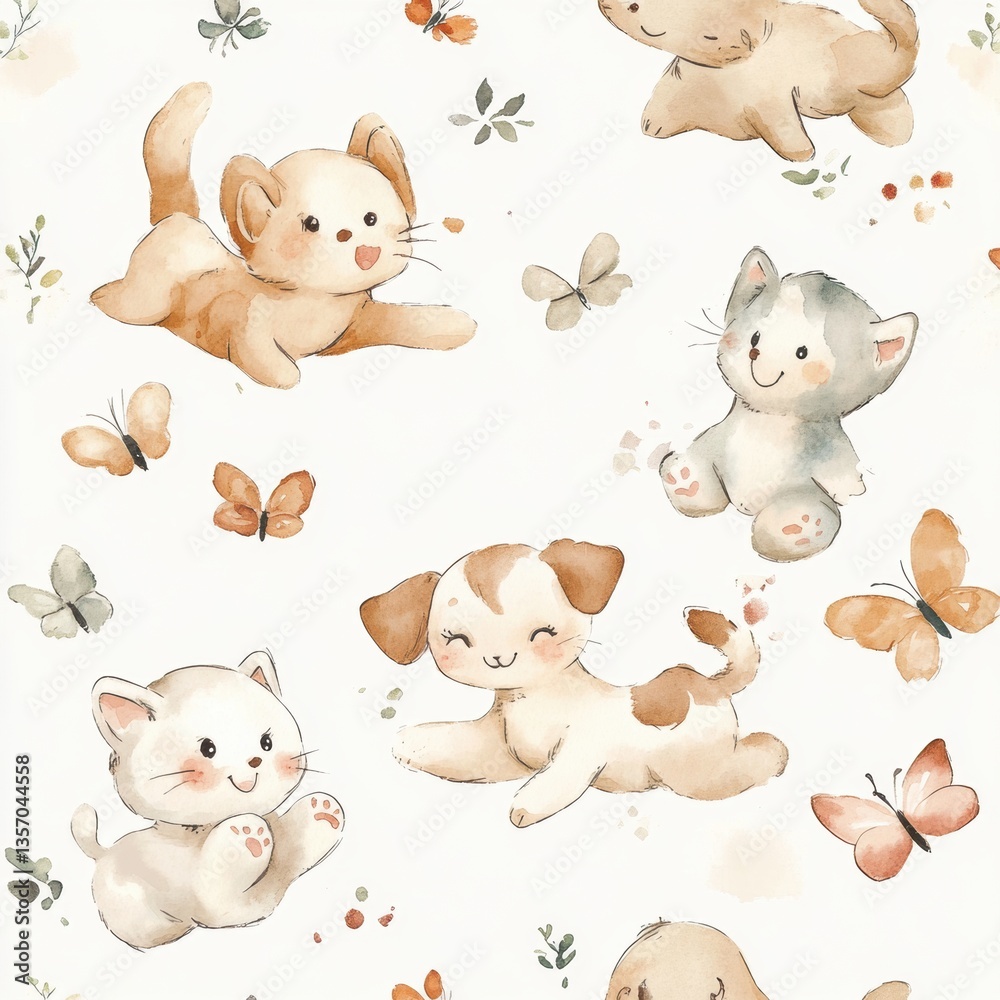 Poster playful kittens and puppies joyfully chasing butterflies in a soft watercolor pattern with a cozy pa