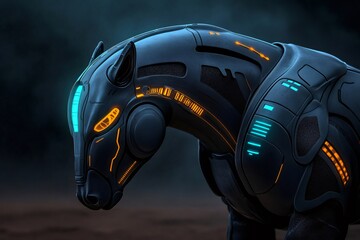 Futuristic robot horse standing in dark environment with glowing lights