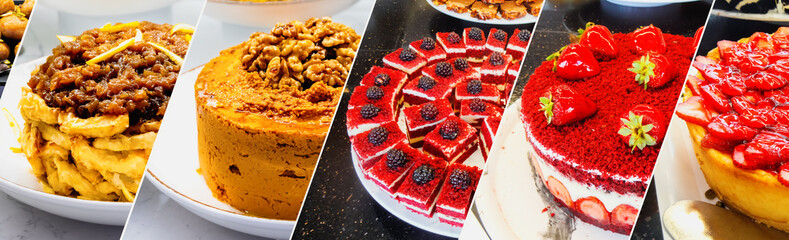 Collage of cakes and pastries. Composite image.