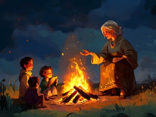 45. A grandmother telling stories to her grandchildren by the bonfire