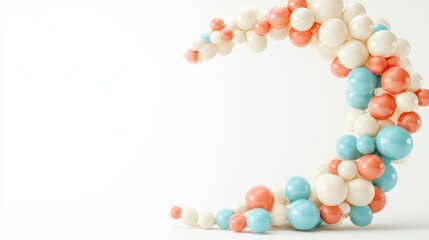 Colorful abstract arrangement of spheres in crescent shape on a minimalist background