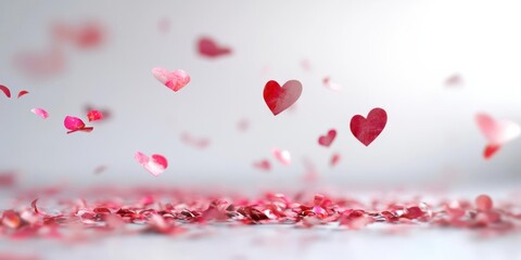 Obraz premium Floating heart-shaped petals in a soft, romantic setting with a blurred background ambiance