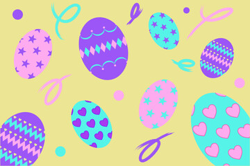 Happy Easter Day; eggs and rabbits in pastel colors 