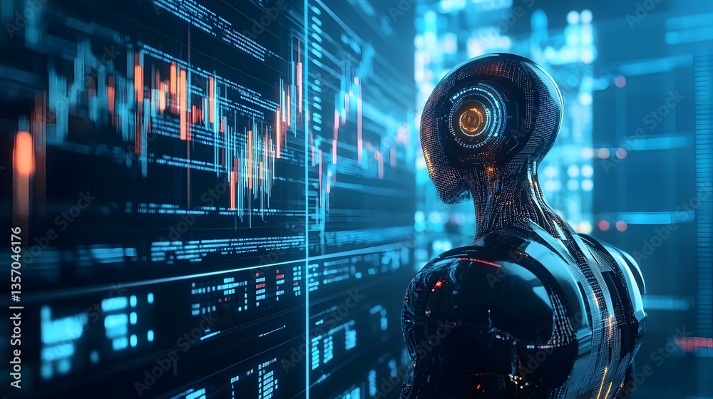 Poster a futuristic robot analyzing data displayed on a large digital screen, it's surrounded by advanced t
