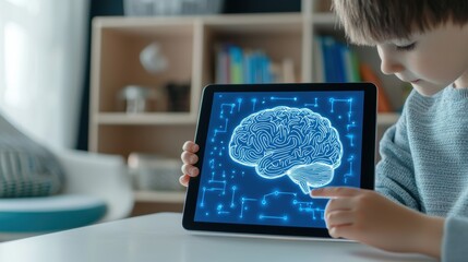 children critical thinking. A child interacts with a tablet displaying a digital brain illustration.