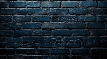 Fototapeta premium Dark Blue Illuminated Brick Wall Background, Urban Texture with Abstract Pattern at Night