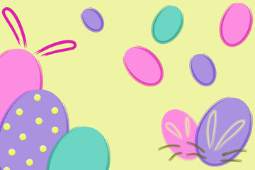 Happy Easter Day; eggs and rabbits in pastel colors 