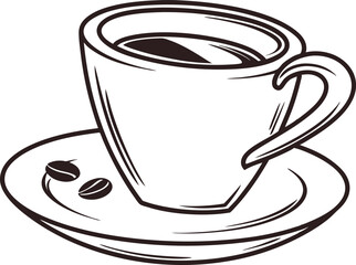Elegant line art illustration of a coffee cup and saucer.