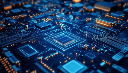 Fototapeta premium Abstract blue circuit board background with chips and other electronic components.