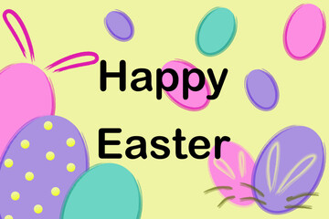 Happy Easter Day; eggs and rabbits in pastel colors 