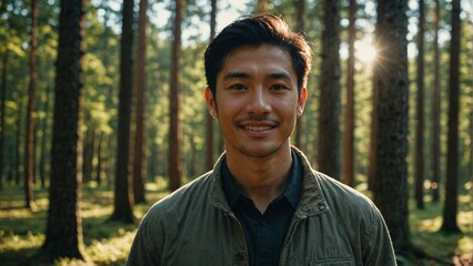 Cheerful Japanese Man in a Sunny Forest Clearing: Smiling Individual Surrounded by Tall Trees in a Natural Outdoor Setting