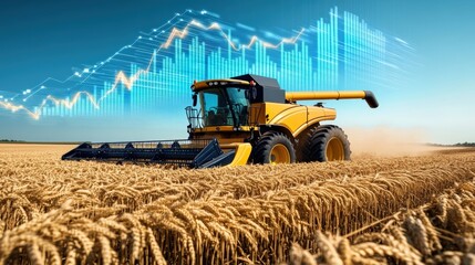 Obraz premium A modern combine harvester working in a wheat field, with data graphs overlaying the scene, illustrating the intersection of agriculture and technology.