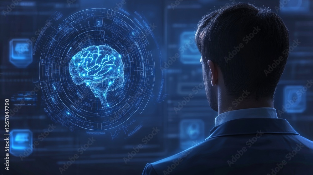 Poster exploring advanced neuroscience in a futuristic lab with ai technology and neural implants
