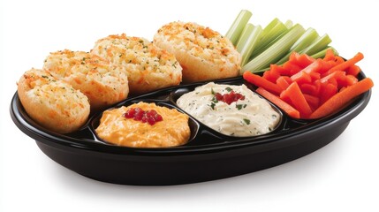 Appetizer platter with cheesy bread, vegetable sticks, and two creamy dips. Food photography, close up.