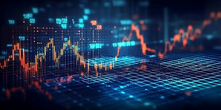 Panoramic abstract backdrop with stock market growth/down, digital financial chart graphs and indicators. Superlative generative AI image