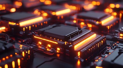Fototapeta premium Close-up of a futuristic computer circuit with orange lights illuminating its components