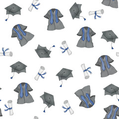 Graduation Seamless Pattern – Hand-Drawn Watercolor Caps, Gowns & Diplomas