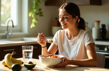 A young woman eating a healthy breakfast, oatmeal, fresh fruits, and nuts, glass of water with lemon, weight loss, healthy eating, taking care of mental and physical health, summer