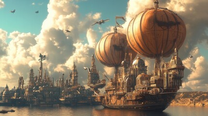 Obraz premium A steampunk-inspired floating city powered by wind turbines and steam energy,