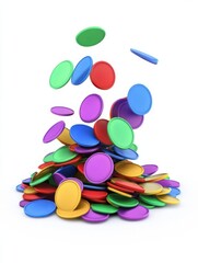Colorful plastic tokens scattered in a playful arrangement, creating a vibrant visual effect