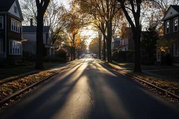 A street with long morning shadows cast by an early sunrise, representing the time change effect