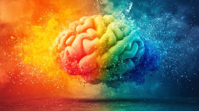 Abstract image of a colorful brain exploding with vibrant rainbow hues against a dark background. The brain is the central focus, with particles of color spraying outward.