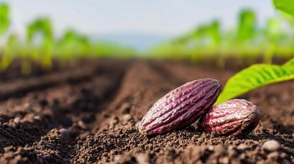 Fresh Cocoa Pods on Earth with Green Plants in the Background Under Bright Sunny Sky