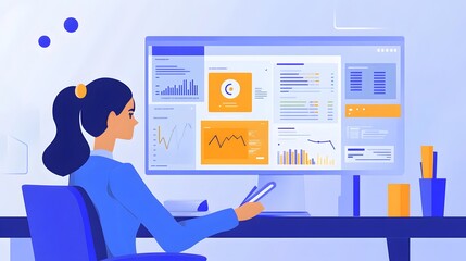 a woman analyzing data on computer at work. she looks serious, with business analytics and financial data displayed on screen